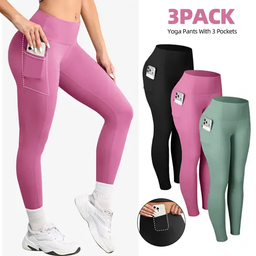 【Fleece-lined Style】CHRLEISURE 3PCS Leggings with Pockets High Waist Women's Workout Wear Pants for Yoga
