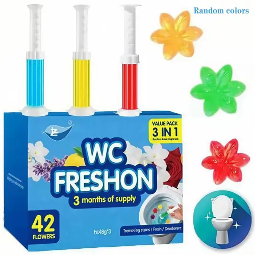 Toilet Gel Stamp, 3 Pack/42 Toilet Stamps,Toilet Bowl Stamp Gel, Toilet Gel Refills, Toilet Refresh Flower Scent Gel, Includes Dispenser and Gel, 3 Pack/set Last for three Month (Colors selected randomly)