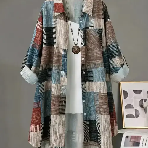 Plus Size Women's Plaid Print Long Sleeve Buttoned Collared Shirt, Blouse, Tops, Casual Fashion Wear, Casual Fitted Woven Fabric, Geometric Pattern, All Seasons Wear