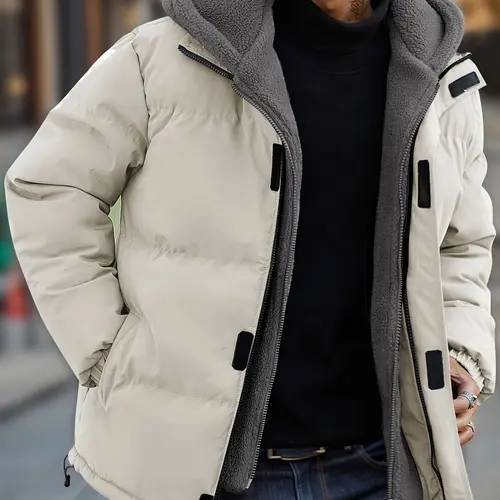 Men's Thick Waterproof Woven Hooded Winter Jacket - Longsleeve Plain Hooded Wind Cover, Cold-Resistant Warm Fleece-Lined Faux 2-Piece Coat with Full-Zip Front, Pockets, Mink Fur Collar, Regular Fit Casual Outdoor Wear, Beige