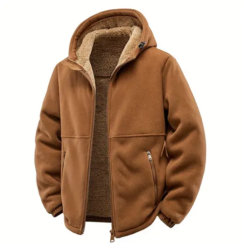 Men's Plain Long Sleeve Warm Thick Knitting Hooded Zippered Jacket - Heavyweight Fleece Lined, Outdoor Ready, Plus Sizes for More Bodies, Ideal for Cold Autumn Winter Outdoor Activities & Everyday Commuting, Casual Caramel Top, Full Zip For Easy On/Off