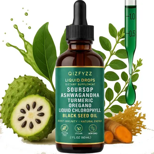 qizfyzz 10-in-1 Soursop Bitters Liquid Drops - Vegan Dietary Supplement, Natural Organic Botanical Supplement with Nori, Moringa, Turmeric, Black Seed Oil, Oregano, Ashwagandha, Dietary Wellness Support, Non-GMO, 2 fl oz, Soursop Fruit And Leaf In Every D