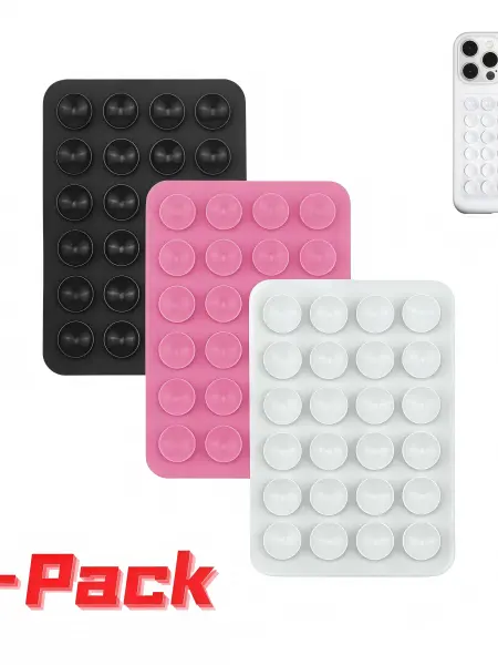 3-Pack Silicone Cell Phone Holder for Car - 24 Suction Cups Anti-Slip Auto Accessory, Hands-Free Grip Stand for Smooth Surfaces, White/Pink/Black, Compatible with Most Smartphones, Vehicle & Phone Accessories