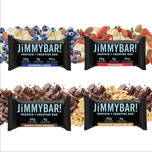 JiMMYBAR! Creatine High Protein Bar Variety Pack - 20g High Protein, 5g Creatine, Collagen-Boosted, Real Foods, Milk-Infused - Chocolate Peanut Butter, Double Fudge Brownie, Strawberry, Blueberry Lemon - Healthy On-The-Go Boxed Grab-And-Go Snacks