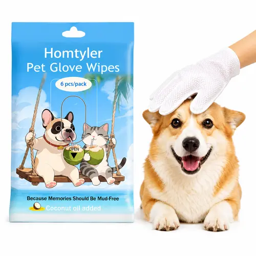 Homtyler Pet Cleaning Glove Wipes - Rinse-Free Grooming Products for Dogs/Cats, Coconut-Jojoba Mix, Hypoallergenic Natural Ingredient, Glove Shape Reaches Paw and Fur, Water-Hater Ready, Compact Packs Slip Into Your Bag, 6pcs/18pcs/24pcs Disposable Wipes