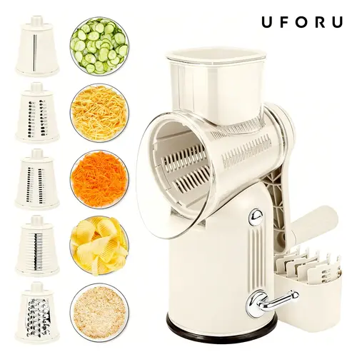 UFORU 5-in-1 Stainless Steel Rotary Kitchen Utensil - Multi-Blades Grater, Vegetable Chopper, Slicer with Hand Crank, Smooth Operation, Transparent Components, Suction Base, Safety Handle for Meal Prep, Easy to Assemble