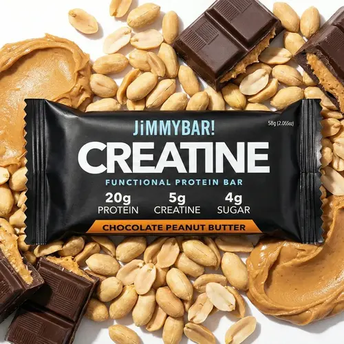 JiMMYBAR! Chocolate Peanut Butter Creatine Protein Bar - 20g High Quality Protein, 5g Creatine - Gluten-Free, Homemade Peanut Butter Base, Cocoa [Processed with Alkali] - 12 & 24 Count Youth-Focused Boxed Packs Healthy Snack