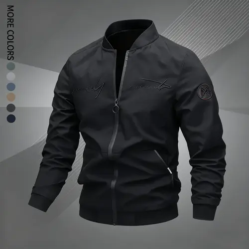 Men's Letter Embroidered Pilot Jacket - Menswear Tops, Long Sleeve Casual Fit Outerwear, 4-Season Fashionable Coat Suitable for Daily, Outdoor Use