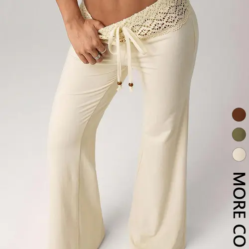 Women's Knit Beaded Drawstring Loose Casual Vacation Pants Bottoms, Comfortable High Waist Trousers for Spring & Fall Seasons
