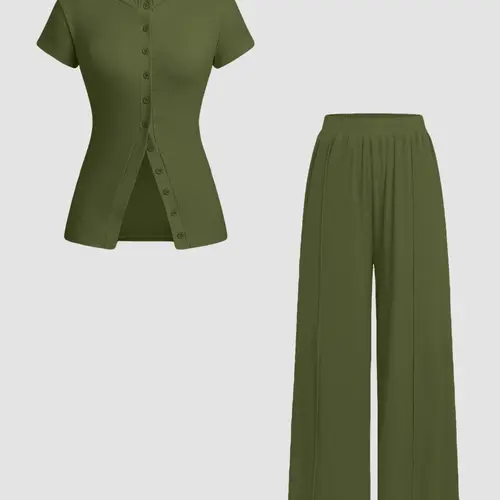 Women's Basic Solid Color Fitted Knit Button Front Sleeve Top & Wide Leg Pants, Casual Two-piece Set for Daily Wear, Ladies Clothes Womenswear for All Seasons