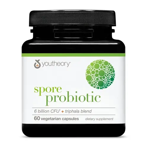 Youtheory Organic Spore Dietary Probiotic - 6B CFU per Serving Digestive Aid, Stomach Acid-Resistant, Dairy-Gluten-Soy Free, Triphala Blend, Abdominal Discomfort Relief, 1000mg Organic Amla Fruit, 60 Vegetarian Capsules