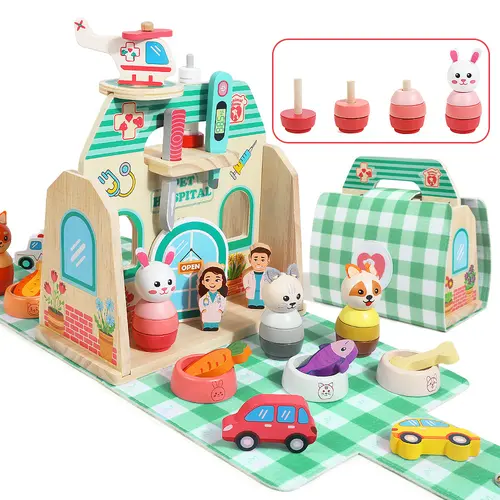 Edutree Wooden Unisex Pet Hospital Playset - Kids Toys, Portable & Compact Toddler Pretend Play Toy with Food Bowls, Doctor Occupations Roleplay, Empathy, Fine Motor Skills, Creativity & Problem-Solving Builder, Holidays/Birthday Gift