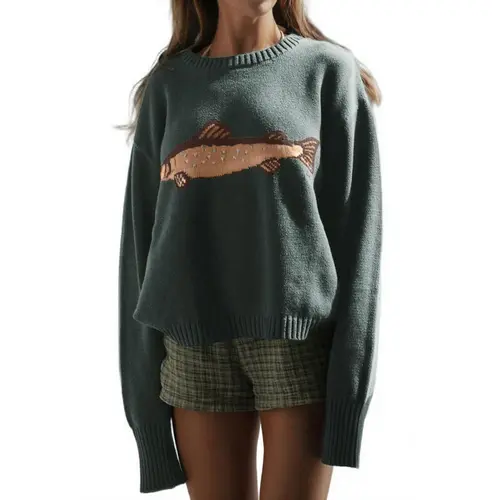 Chouyatou Women's Autumn Knit Pullover Top - Knitting Fabric, Casual Style, Round Neck, Crucian Carp Pattern, Women's Clothes, Baggy, Oversized, Knitwear, Crew Neck, Cozy Chic Women's Pullovers