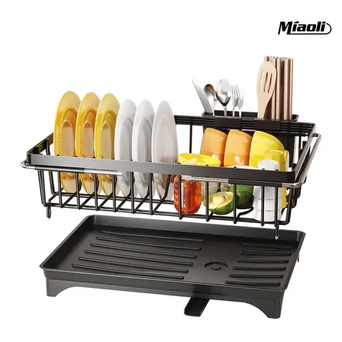 MiAoLi Over the Sink Expandable Stainless Steel Dish Drainer Drying Rack - Smooth, Slide-Adjustable, Rubber-Grip, Farmhouse-Style Compact Holder for Small Kitchen Counter Space Saving, Ideal Gift, Hollow, Kitchen Accessories, Fingerprint Resistant, Organi