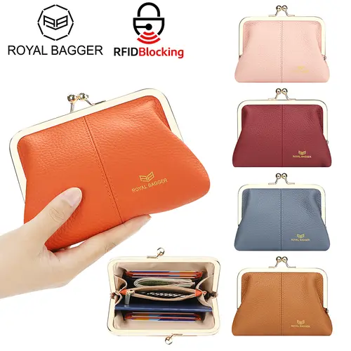 Royal Bagger Women's Genuine Leather Chic Casual Minimalist RFID Blocking Kiss Lock Coin Purse - RFID Pouch Wallet with Multi-Card Slots, High-Capacity, Multi-Function, Scratchproof, Lightweight, Everyday Carry, Ladies Wallet, Wallets For Women