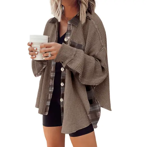 CHOUYATOU Women's Cute Casual Plaid Patchwork Shacket, Waffle Long Sleeve Collared Loose Fit Button Down Top,back to school,back to school shopping, Chic
