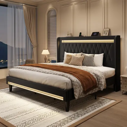 SHA CERLIN LED Bed Frame with Velvet Upholstered Diamond-Tufted Headboard,Platform Bed Base with Outlets【No Mattress】Full/King/Queen Bed Frame,No Box Spring Needed Summervibes Father's day Gift,dorm essentials,home decor