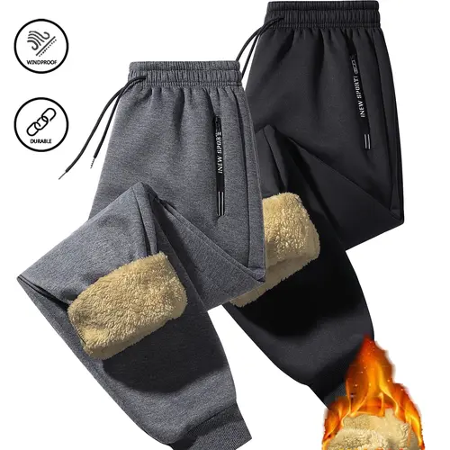 Uni-sex warm fleece-lined ankle jogger pants set, featuring a simple fashion style with side letter zipper accents; windproof, durable, fleece lining keeps feet warm and cozy, perfect for men and women during fall/winter outings and dates