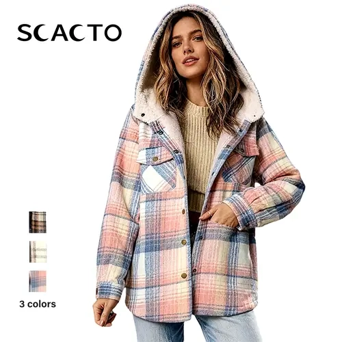 Scacto Women's Inclusive Size Polyester-Spandex Checkered-Houndstooth Print Button-Front Hooded Coat - Soft, Comfortable, Casual Long-Sleeve Pocket Outerwear for Fall, Winter, Thanksgiving Daily Street Wear