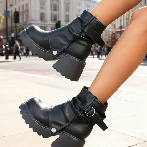 Women's Ombre PVC Leather Ankle Boots, Platform Gothic Boots, Thick Heeled Boots, Fall & Winter Stylish Casual Shoes, Above Knee High Heel Booties for Women Footwear, Fashion Booties, Chunky Ankle Boots
