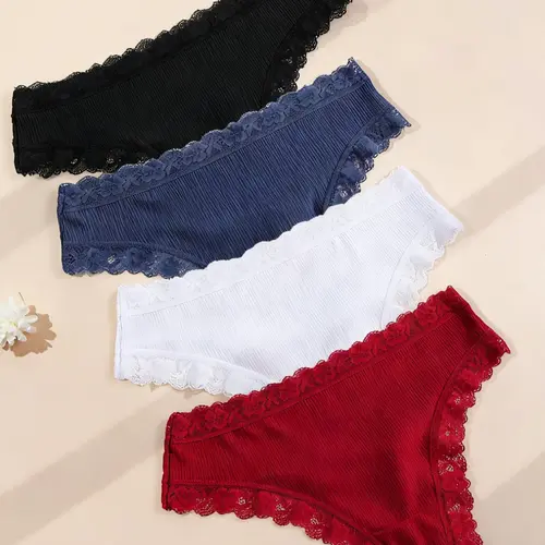 4 Pack Lace Thong Panties for Women, Floral Lace Underwear, Seamless Sweet Cute Aesthetic Style, Daily Wear, Young Essential, Comfortable, Comfy Panty, Fitted and Versatile Underwear Set, Trim Lace Panty
