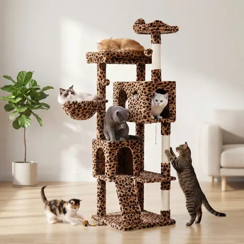 SHA CERLIN 64in Multi-Level Cat Tree Tower with Sisal Scratching Posts, Ladder, Cozy Kitten Condo, Basket & Top Perching Spot - Summervibes Gift