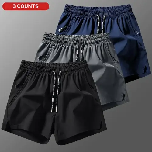 Men's 3PCS Solid Knee-Length Lite Polyester Streetwear Sports Shorts - Elastic Drawstring Waist, Zipper Pockets, Breathable Multifunctional for Running, Training, Summer Outdoor Use, Mensfashion Running Workout Shorts, Solid Sports Shorts, Sports Shorts W