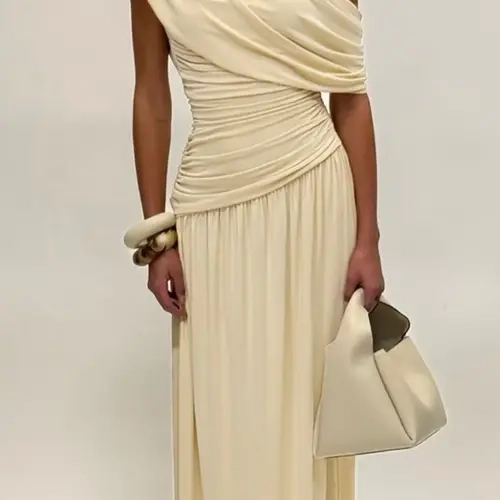 Women's Elegant Solid Irregular Neck Ruched Dress, Elegant Ruched Design, Sexy One-Shoulder Backless Plain Slim Fit Maxi Dress, Formal Gown, Elegant Sleeveless Gown for Birthday Party & Date Evening, Bodycon Fit Dress Womenswear