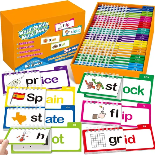 Torlam Original 30-Word Family Flip Books, Thick Sturdy Flash Cards, Non-Flimsy Language Toys, Phonics Reading Games, Rhyming Learning Tools, Sight Word Flash Cards, Classroom Supplies, Vivid Illustrations for Kindergarten Homeschool Activities