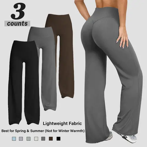 Women's Chic Flared Knitting Pants, Plain High-Waisted Stretchy Bottoms with V-Back Seam for Everyday Yoga and Lounge Wear