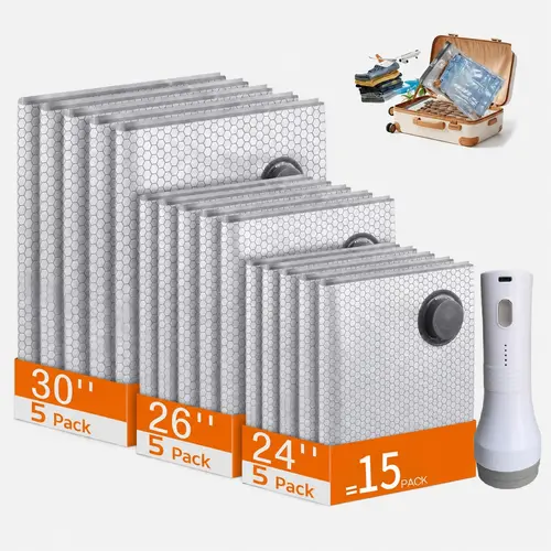 【Summer Vibes】X7 Vacuum Compressed Storage Bags 27-Pack (3 Sizes) with 140L/Min USB Rechargeable Handheld Pump - Space Saving, Resealing, Travel Kit Essential for Clothes, Carry-On Suitcases