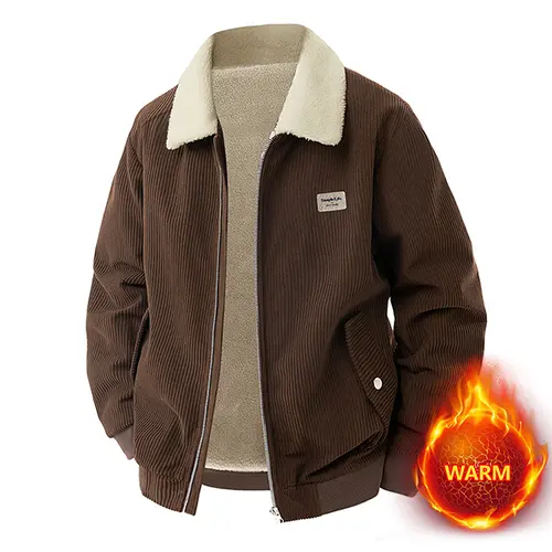 Men's Stylish Casual Menswear Long Sleeve Corduroy Jacket - Faux Fur Collar, Warm Sherpa-Lined Tops Coat, Plain