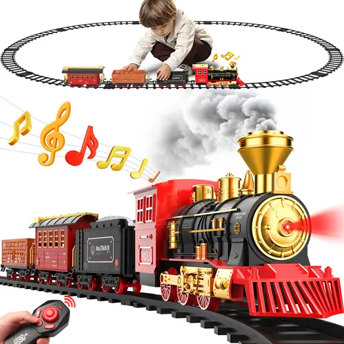 Hot bee RC Classic Train Set with Remote Controller for Kids 4-7 years Old,Train Toys for Boys with Smokes, Lights and Sound,Toy Train Set for Under Christmas Tree, Toddler Model Trains for 3 4 5 6 7 8+ Years Old Kids Christmas Toys Gifts