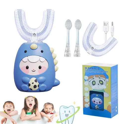Kids Silicone U-Shaped 3-Sided Electric Toothbrush - 4 Brush Heads, 3 Cleaning Modes, IPX7 Waterproof, Smart Timer, Rechargeable Electronic Toothbrush for Oral Care, Travel Essential