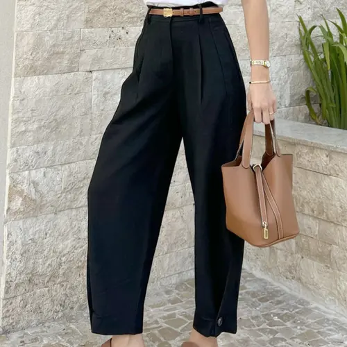 Women's High-Waisted Black Pleated Barrel Pants, Elegant Minimalist Solid Button‑Cuff Cropped Trousers, Loose Fit for Office & Daily Wear, Streetwear & Workwear Style, Casual Trousers, Bottom