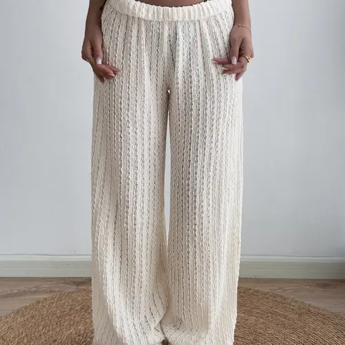 Crochet Knit Woven Pants for Women Beach Cover Up Wide Leg Loose Baggy Lace Hollow Out Long Pants High Waist Elastic Summer Vacation Outfit Chic Boho Style Casual Resort Elegant Style See Through Bohemian Palazzo Trousers Bottom Womenswear