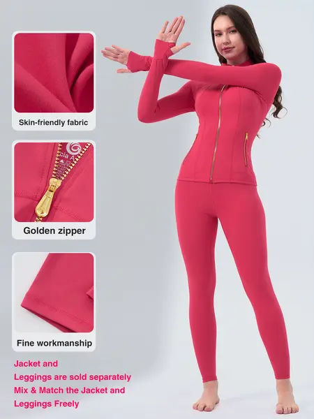 【Gold-Color zipper】Soft Brushed Women's Sporty Jacket, 25'' Inseam Leggings. Gold-Color zipper Jacket with Pockets, Yoga Pants, Thumbholes Design, Casual Wear for Women Sweat Suit Active Dresse Set Try it