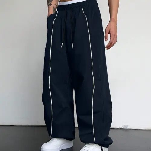 Men's Wide Leg Sports Pants, Casual Summer Woven Fabric, Drawstring Waist, Side Stripes, Breathable Comfort Fit for Outdoor Activities, Casual Sportswear Pants, Casual Comfy Sporty
