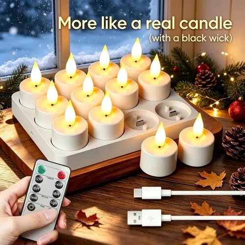 12pcs Rechargeable USB-C LED Flameless Tealight Candle with Remote Control, Charging Station, Timer for Halloween, Christmas Indoor Home Table Glass Jars or Candle Holders, Candles
