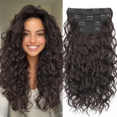 Curly Hair Extensions, 4PCS 16inch Clip in Hair Extensions Lace Weft Short Curly Hair Extensions Clip Ins Invisible Natural Hairpieces for Women, Chocolate Brown