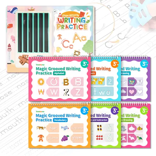 Back To School TIMETOME- Magic Grooved Writing Practice Books, Reusable Handwriting Practice Books, Groove Workbooks, Handwriting Practice for Kids 3 +, Large Writing Practice Books (Practice 6-Books)，summer learning workbook
