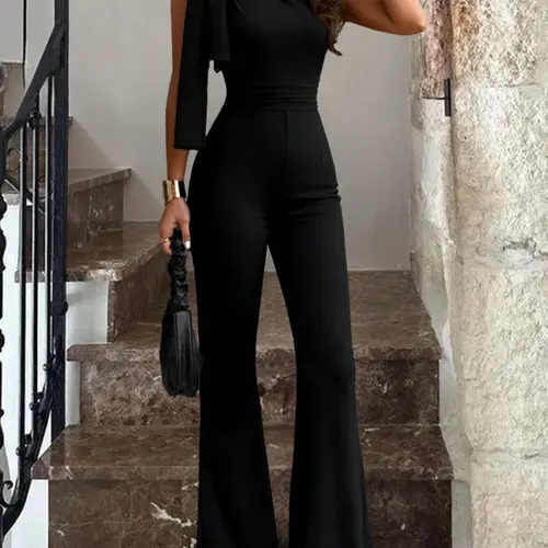 Asymmetrical One-Shoulder Slim Fit Jumpsuit for Women, Black Wide Leg Flared Bow Tie Knot High Waist Elegant Jumpsuit Style for Formal Evening Party, 1 Piece
