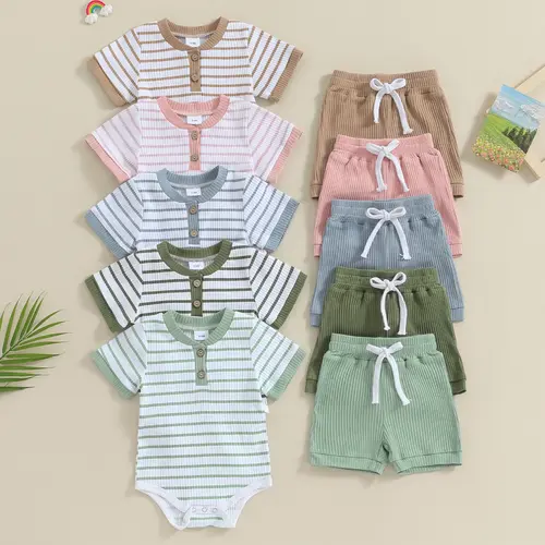 Ma&Baby Newborn Baby Boy Girl Clothes Set Ribbed Short Sleeve Striped Romper Top Solid Color Shorts Sets 2Pcs Summer Outfits