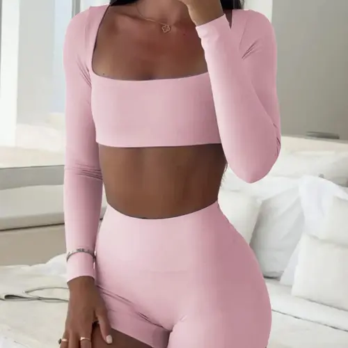 Women's Casual Sporty Plain Long Sleeve Top & Shorts Casual Activewear Set, Slim-Fit Thin Fabric for Fall Season, Comfortable Daily Wear Apparel, Athleisure Outfit