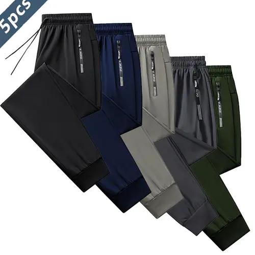 Men's 5PCS Ice Silk High-Elastic Drawstring Pants - Zipper Pockets, Thin Quick-Drying Tight Leggings, Workout/Athletic/Fitness Leggings for Outdoor Gym Activities, Workout Leggings