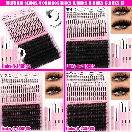 YIDUO Lashes Clusters Kit, Eyelash Cluster Set, Fluffy Eyelashes Cluster, Bottom Lashes with Spikes 60D Cluster Eyelash Extensions Kit 10-120mm D Curvature Volume Manga DIY Lashes with Lash Bond and Seal Tweezers Remover Salon Look at Home