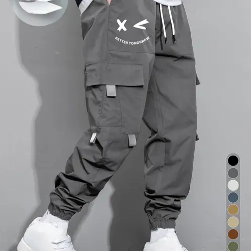 Men's Cartoon Face & Letter Print Drawstring Waist Cargo Pants, Casual Regular Fit Utility Jogger Bottoms, Men's Trousers for All Seasons, Pants for Men, Mens Pants, Pants for Men Menswear Grey