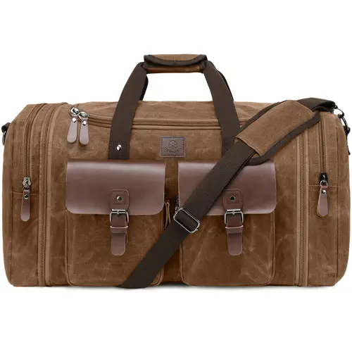 Densata Waxed Canvas Male 50L Vintage Weekender - Multifunctional Travel Duffels, Large Versatile Travel Bags, Leakproof Waterproof Expandable Overnight Luggage with Laptop Compartment & Sleeve, Adjustable Convertible Laptop Bags
