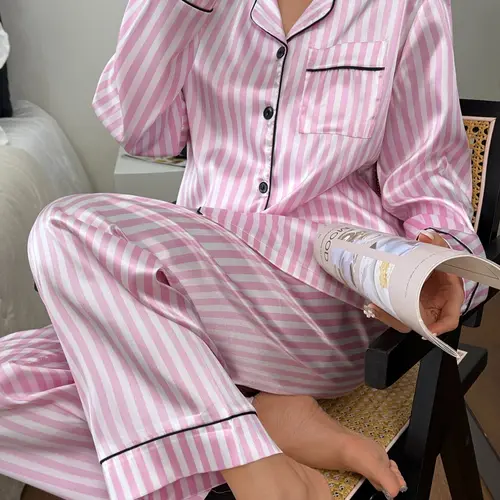 Women's Striped Button Front Shirt & Elastic Waist Pants Set, Soft Fabric Long Sleeve Casual Loungewear Home Wear Casual Pajama Sets for All Seasons