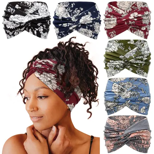Cubidupi Women's Bohemian Wide Headband Set (6 Pack) - Breathable Wearable Cute Sports Headbands with Boho Pattern, Secure Fit for Yoga-Fitness Workouts, Headbands For Women, Wearable Sports Headbands